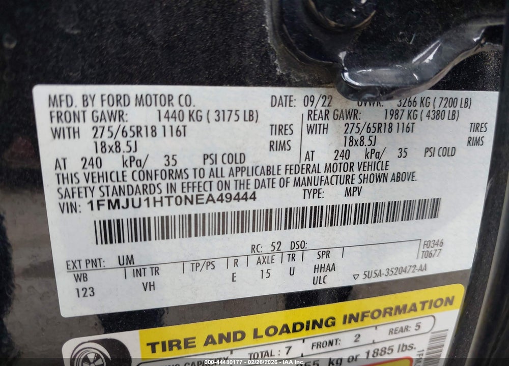 2022 FORD EXPEDITION XLT VIN: 1FMJU1HT0NEA49444