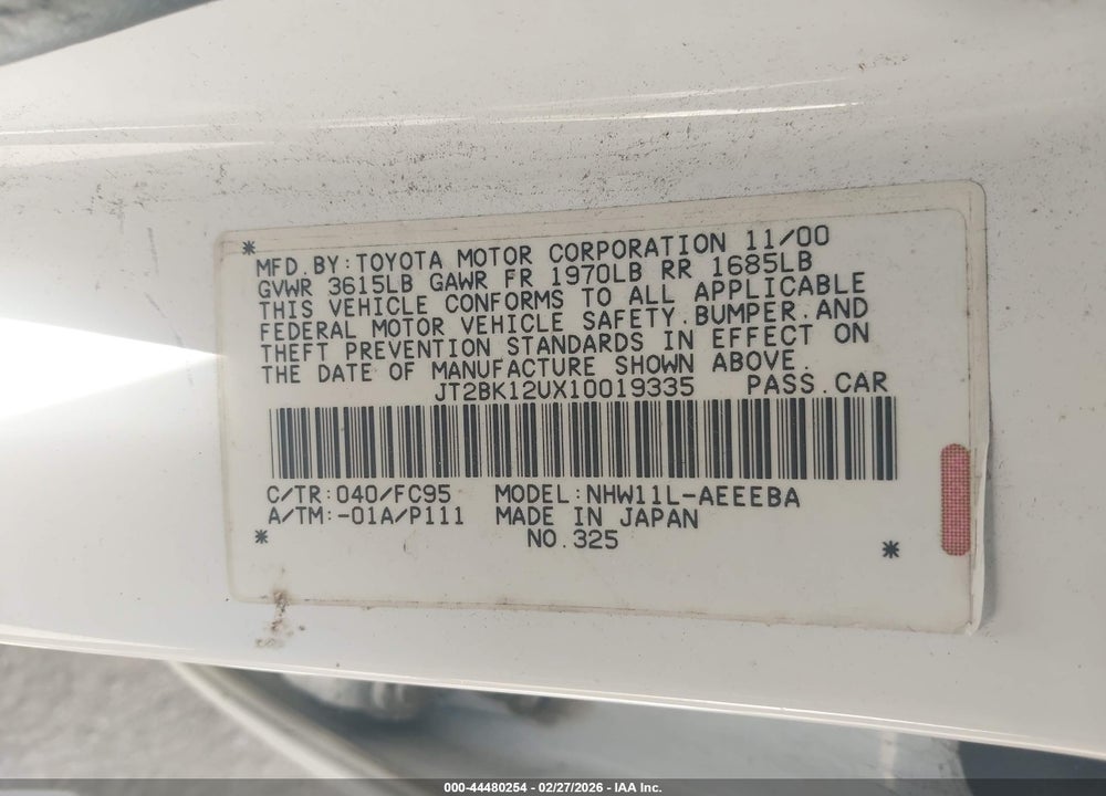 2001 TOYOTA PRIUS VIN: JT2BK12UX10019335
