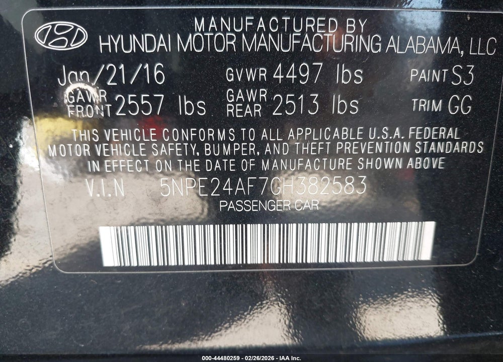 2016 HYUNDAI SONATA SE VIN: 5NPE24AF7GH382583