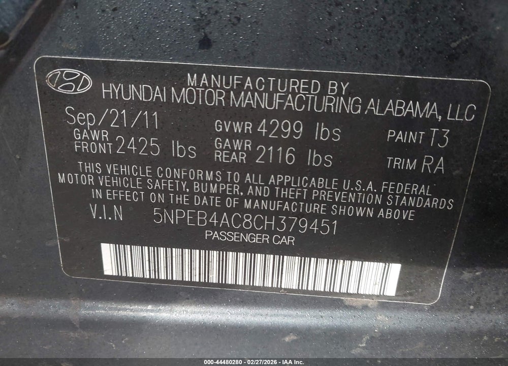 2012 HYUNDAI SONATA GLS VIN: 5NPEB4AC8CH379451