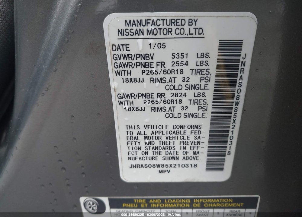 2005 INFINITI FX35 VIN: JNRAS08W85X210318