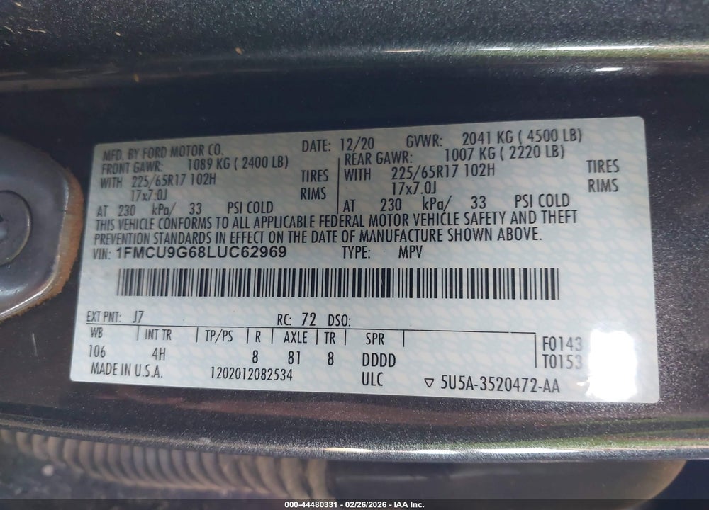 2020 FORD ESCAPE SE VIN: 1FMCU9G68LUC62969