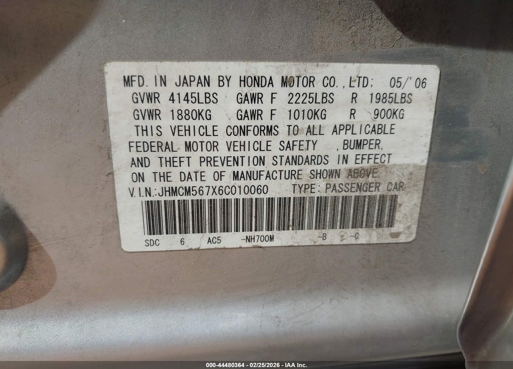 2006 HONDA ACCORD 2.4 EX VIN: JHMCM567X6C010060