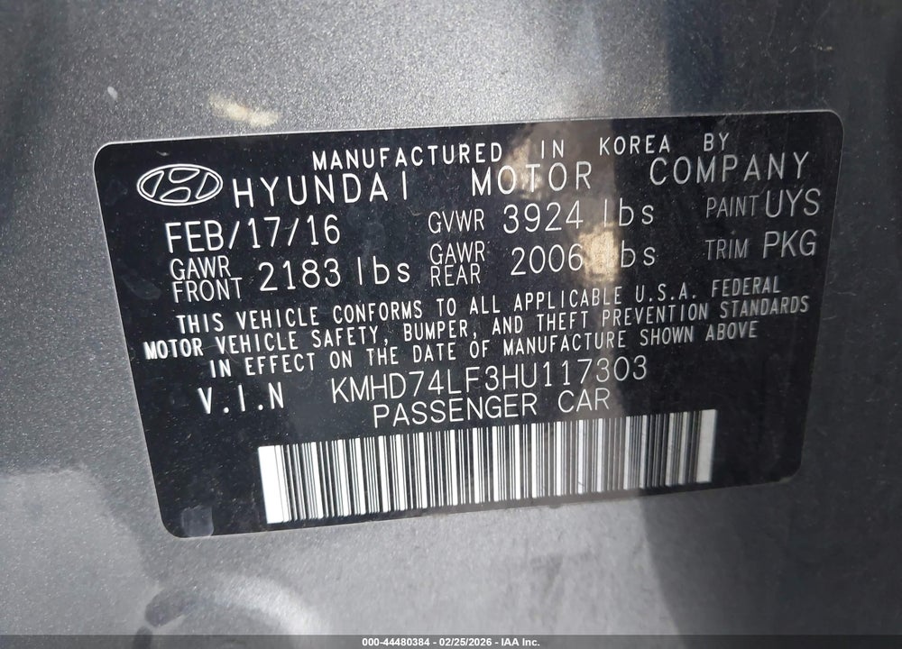 2017 HYUNDAI ELANTRA SE VIN: KMHD74LF3HU117303