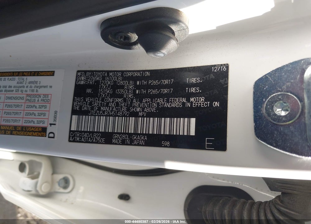 2017 TOYOTA 4RUNNER SR5 PREMIUM VIN: JTEZU5JR7H5148792