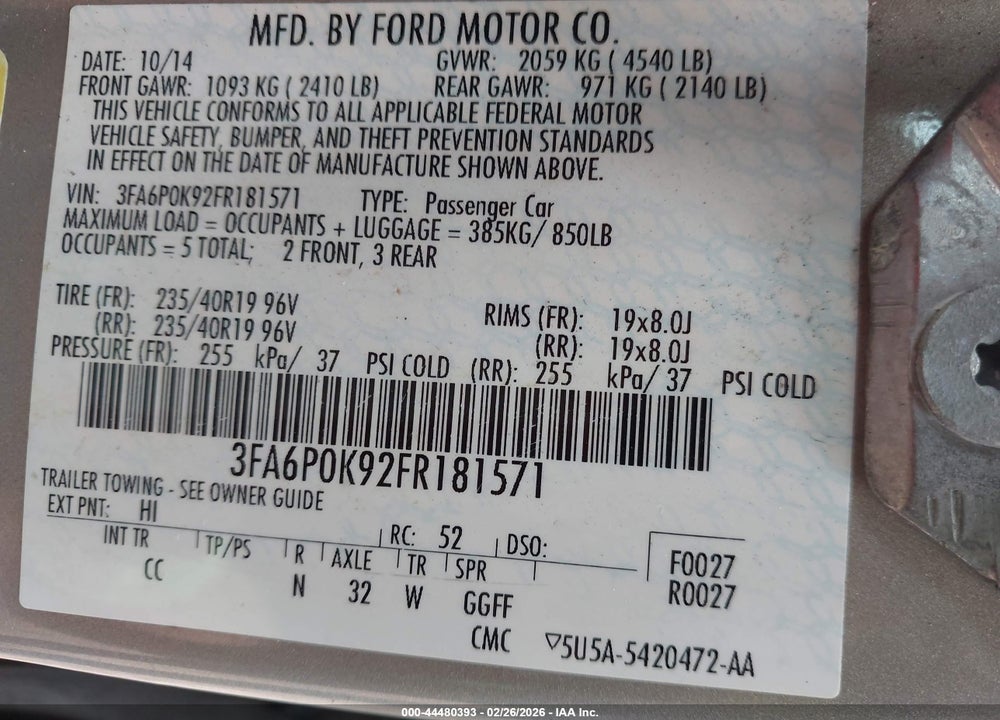 2015 FORD FUSION TITANIUM VIN: 3FA6P0K92FR181571