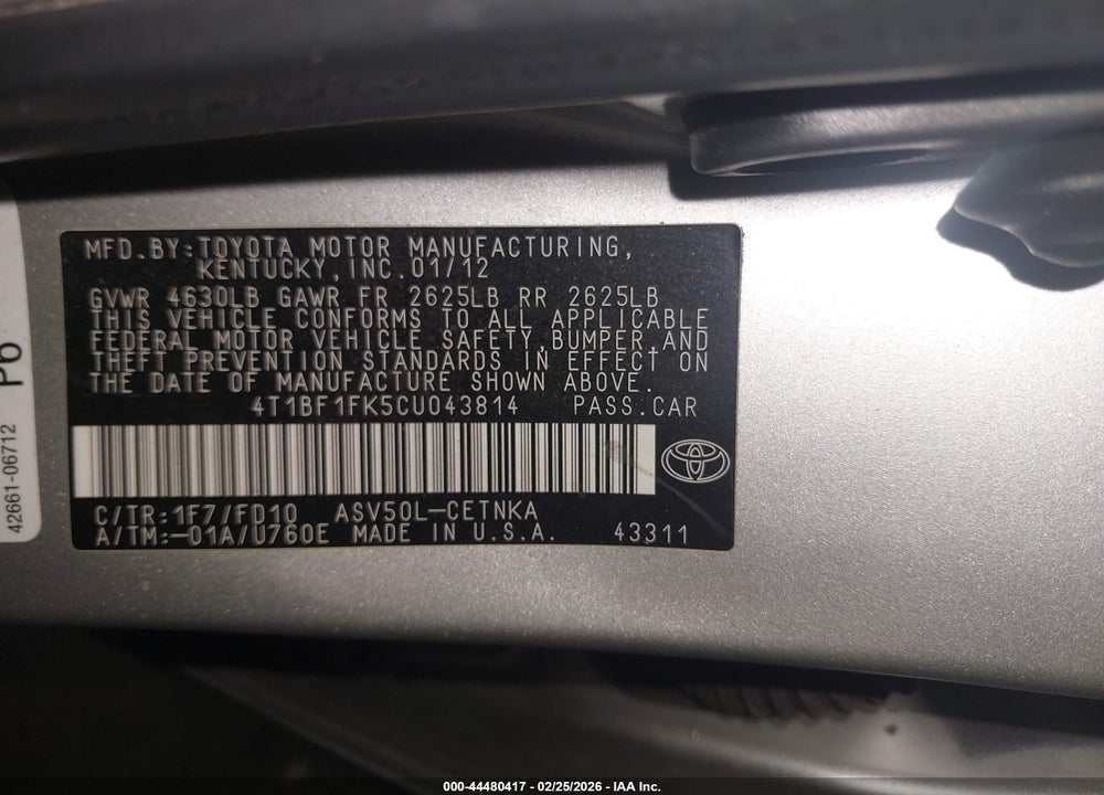 2012 TOYOTA CAMRY LE VIN: 4T1BF1FK5CU043814