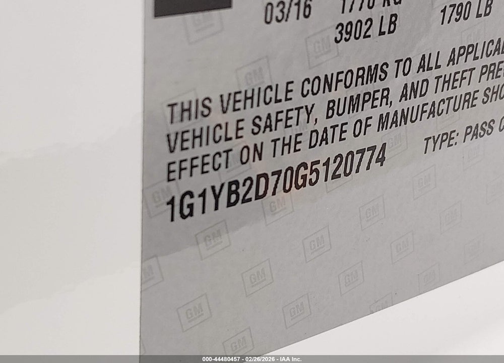 2016 CHEVROLET CORVETTE STINGRAY VIN: 1G1YB2D70G5120774