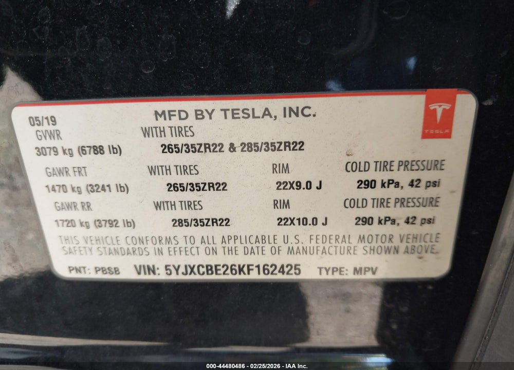 2019 TESLA MODEL X 100D/75D/LONG RANGE VIN: 5YJXCBE26KF162425