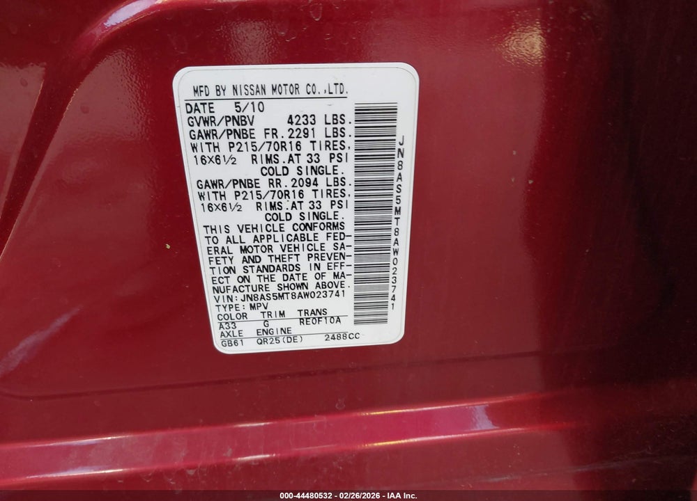 2010 NISSAN ROGUE S VIN: JN8AS5MT8AW023741