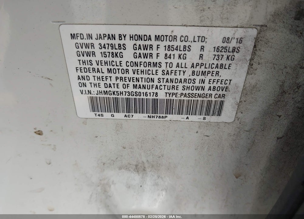 2016 HONDA FIT EX VIN: JHMGK5H73GS016178