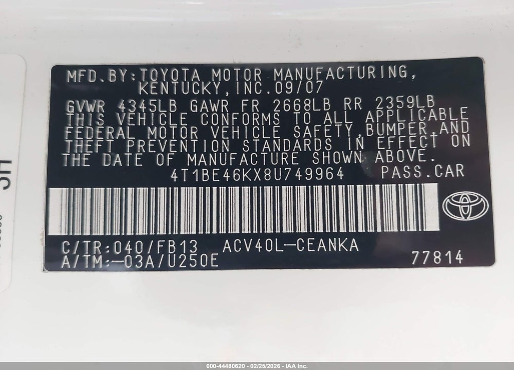 2008 TOYOTA CAMRY LE VIN: 4T1BE46KX8U749964