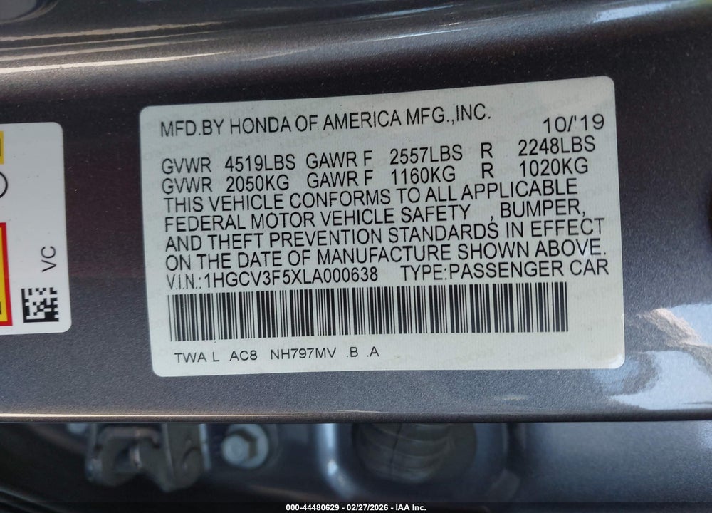 2020 HONDA ACCORD HYBRID EX-L VIN: 1HGCV3F5XLA000638