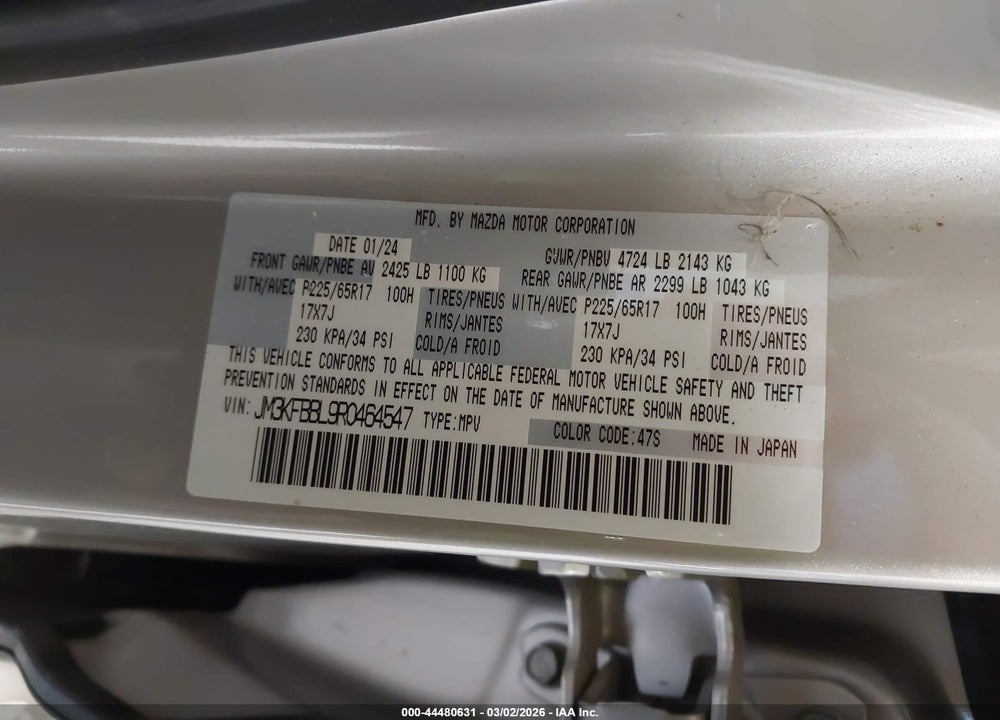 2024 MAZDA CX-5 2.5 S SELECT VIN: JM3KFBBL9R0464547