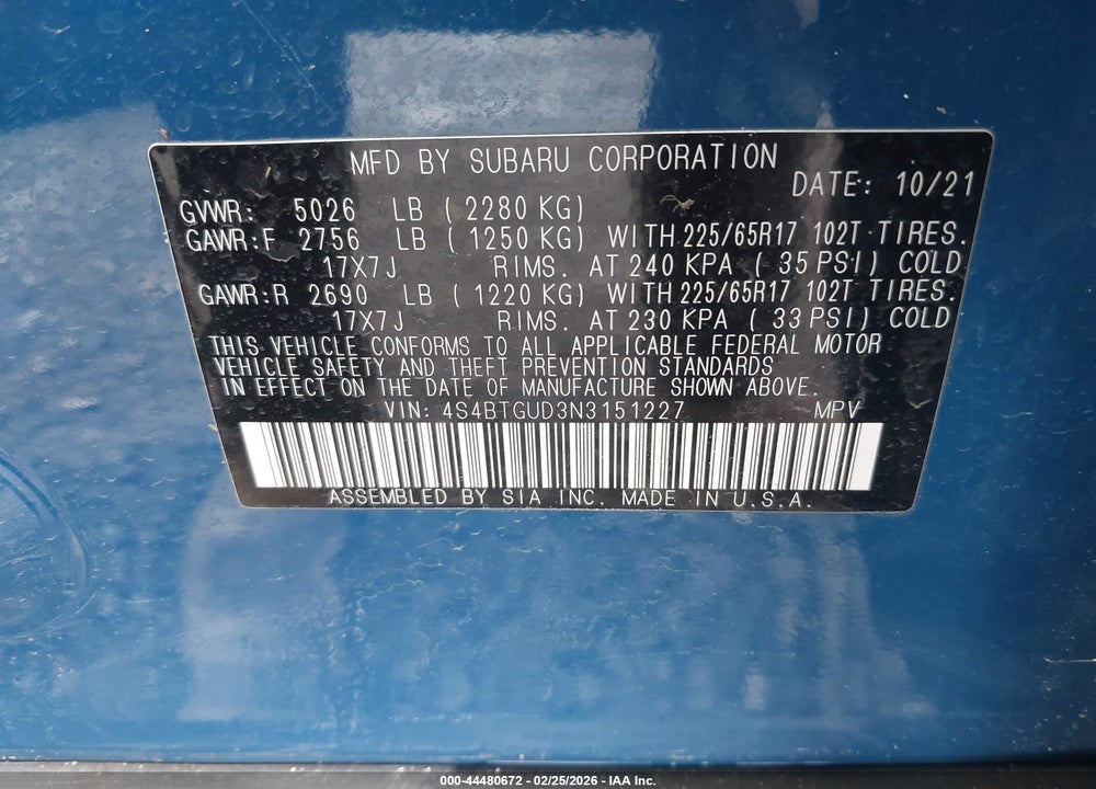 2022 SUBARU OUTBACK WILDERNESS VIN: 4S4BTGUD3N3151227