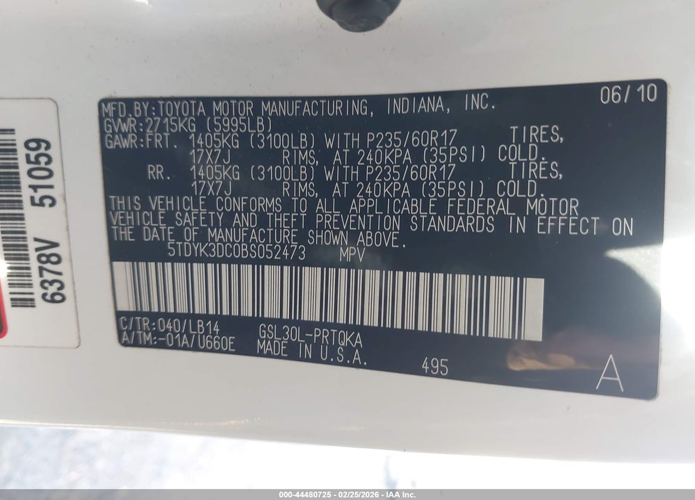 2011 TOYOTA SIENNA XLE V6 VIN: 5TDYK3DC0BS052473