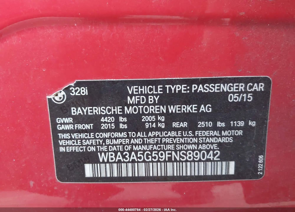 2015 BMW 328I VIN: WBA3A5G59FNS89042