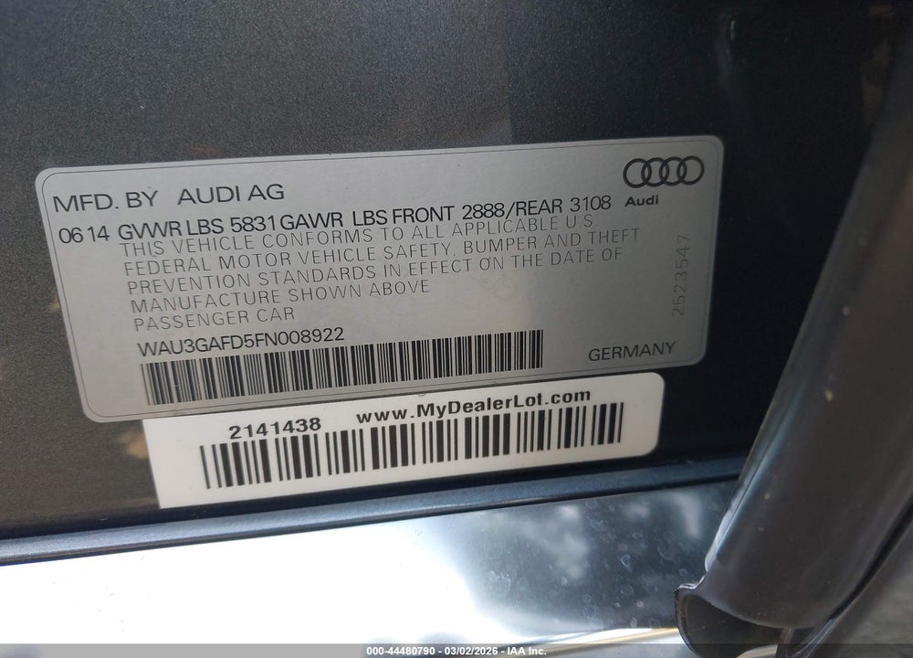 2015 AUDI A8 L 3.0T VIN: WAU3GAFD5FN008922