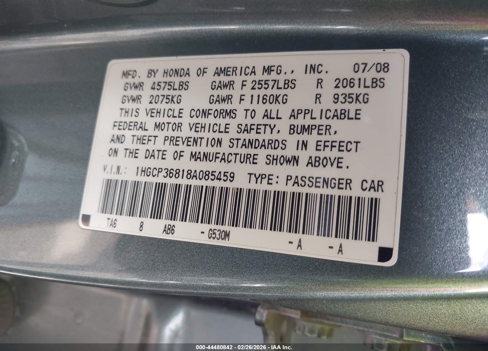 2008 HONDA ACCORD 3.5 EX-L VIN: 1HGCP36818A085459
