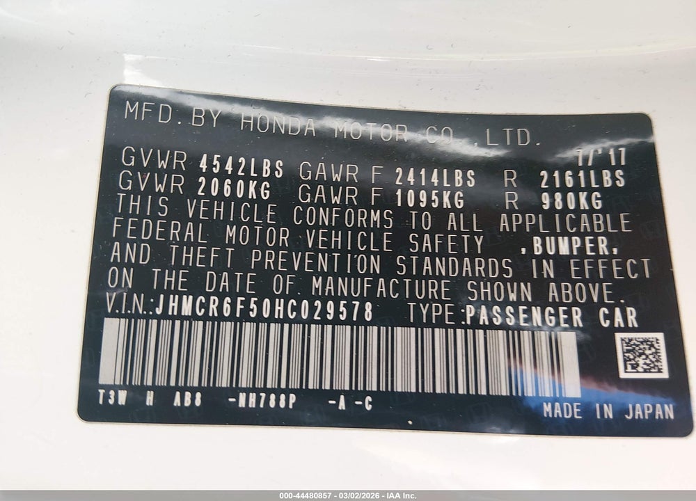 2017 HONDA ACCORD HYBRID EX-L VIN: JHMCR6F50HC029578