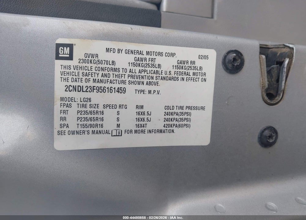 2005 CHEVROLET EQUINOX LS VIN: 2CNDL23F956161459