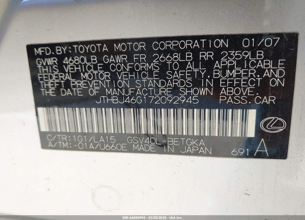 2007 LEXUS ES 350 VIN: JTHBJ46G172092945