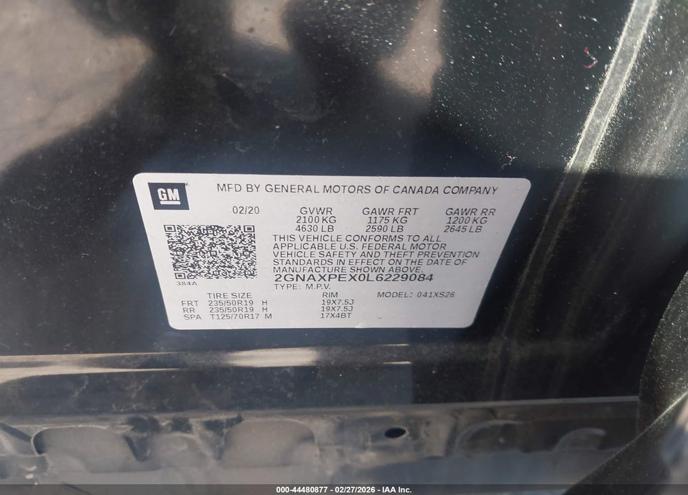 2020 CHEVROLET EQUINOX FWD PREMIER 2.0L TURBO VIN: 2GNAXPEX0L6229084