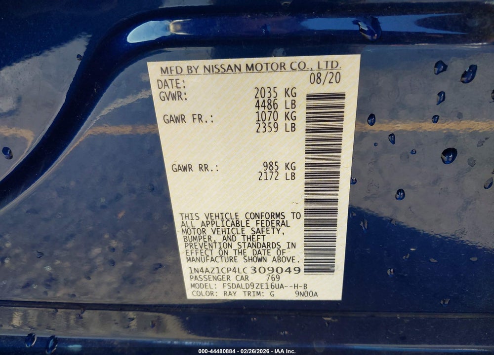 2020 NISSAN LEAF SV 40 KWH VIN: 1N4AZ1CP4LC309049