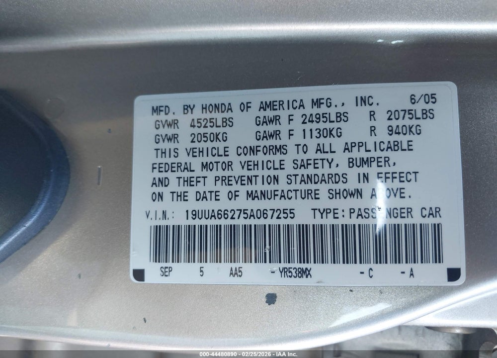 2005 ACURA TL VIN: 19UUA66275A067255