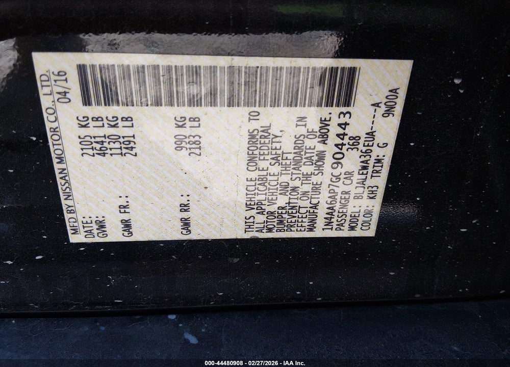 2016 NISSAN MAXIMA 3.5 VIN: 1N4AA6AP7GC904443