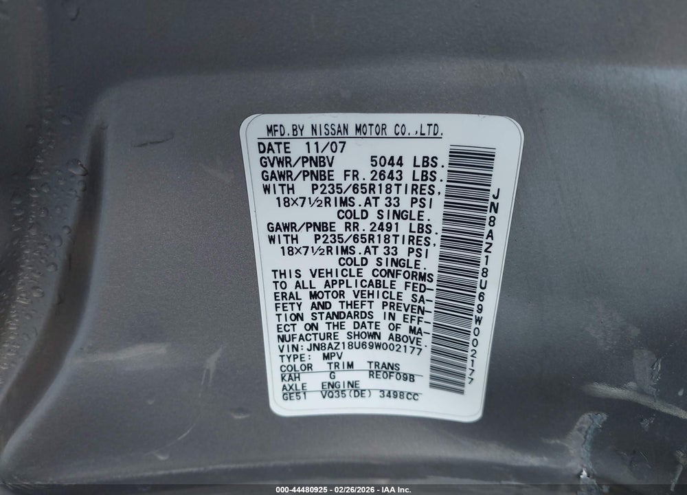 2009 NISSAN MURANO SL VIN: JN8AZ18U69W002177
