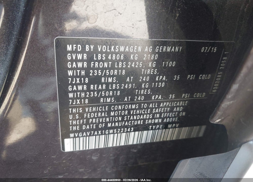 2016 VOLKSWAGEN TIGUAN SE VIN: WVGAV7AX1GW522343