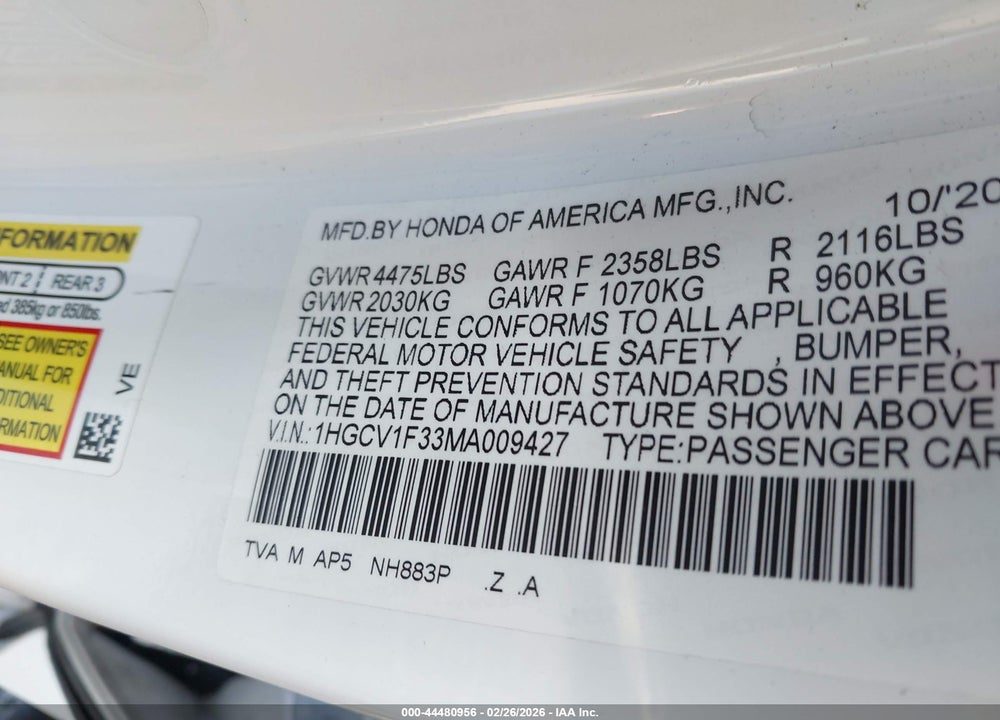 2021 HONDA ACCORD SPORT VIN: 1HGCV1F33MA009427