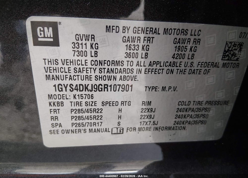2016 CADILLAC ESCALADE PLATINUM VIN: 1GYS4DKJ9GR107901