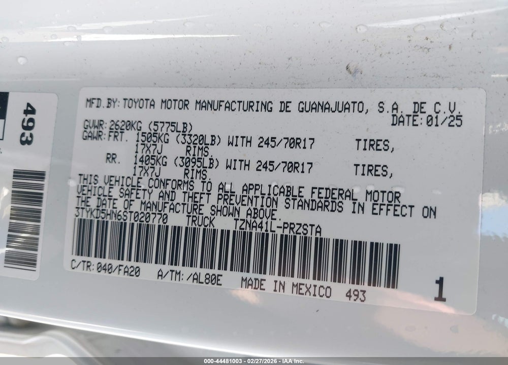 2025 TOYOTA TACOMA SR VIN: 3TYKD5HN6ST020770