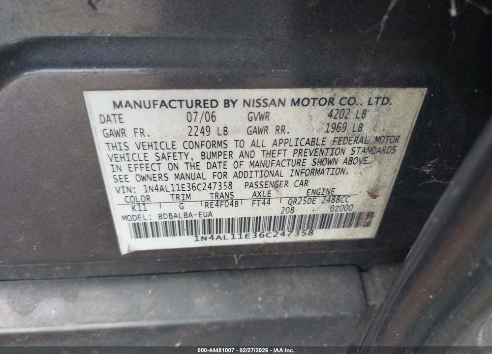 2006 NISSAN ALTIMA 2.5 S VIN: 1N4AL11E36C247358