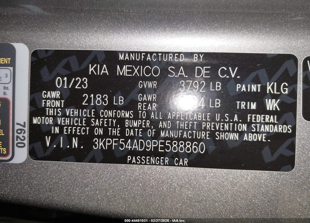 2023 KIA FORTE GT-LINE VIN: 3KPF54AD9PE588860