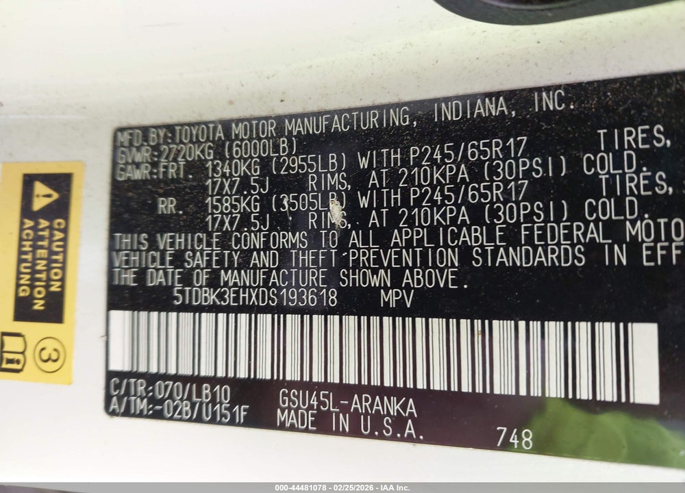 2013 TOYOTA HIGHLANDER SE V6 VIN: 5TDBK3EHXDS193618