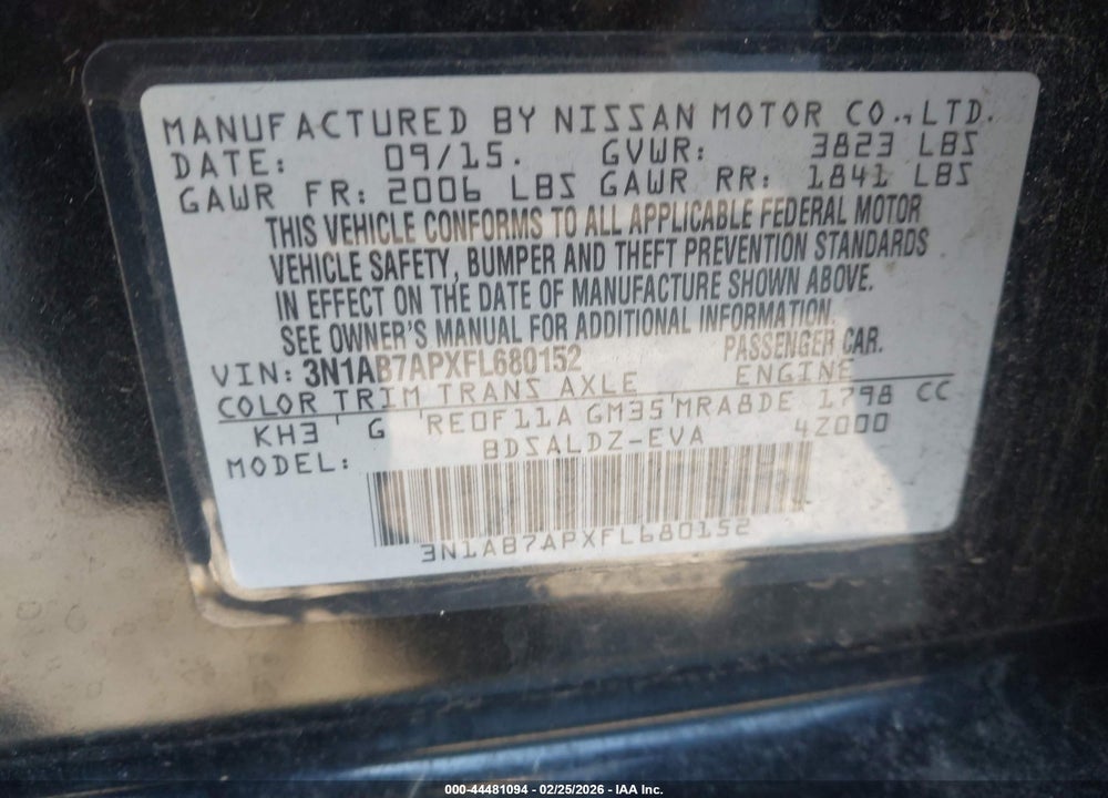 2015 NISSAN SENTRA SV VIN: 3N1AB7APXFL680152