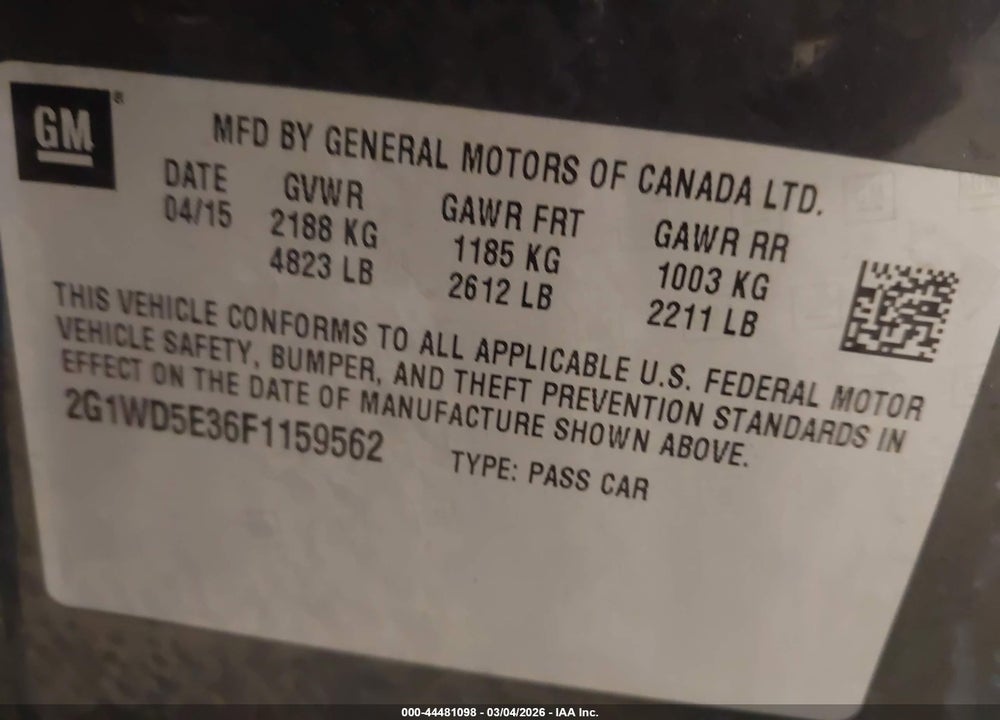 2015 CHEVROLET IMPALA LIMITED POLICE VIN: 2G1WD5E36F1159562