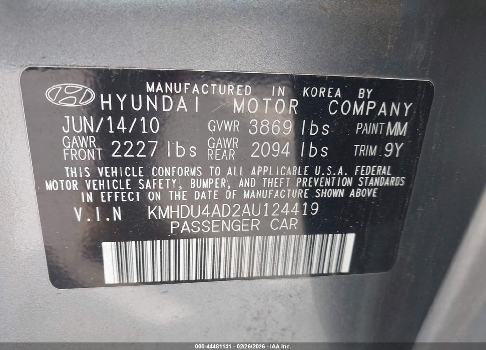 2010 HYUNDAI ELANTRA GLS VIN: KMHDU4AD2AU124419