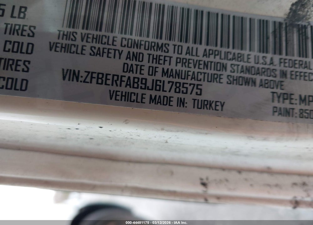 2018 RAM PROMASTER CITY VIN: ZFBERFAB9J6L78575