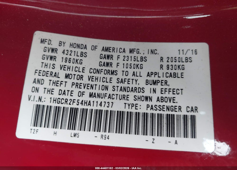 2017 HONDA ACCORD SPORT VIN: 1HGCR2F54HA114737