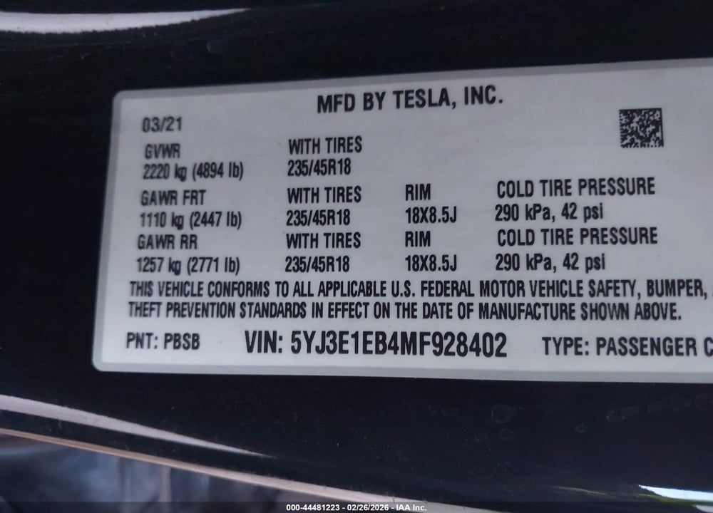 2021 TESLA MODEL 3 LONG RANGE DUAL MOTOR ALL-WHEEL DRIVE VIN: 5YJ3E1EB4MF928402
