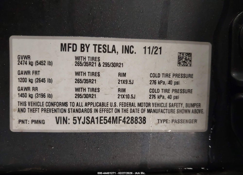 2021 TESLA MODEL S LONG RANGE DUAL MOTOR ALL-WHEEL DRIVE VIN: 5YJSA1E54MF428838