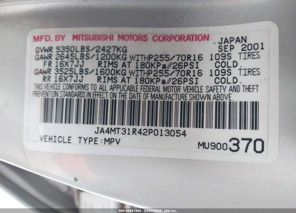 2002 MITSUBISHI MONTERO SPORT XLS VIN: JA4MT31R42P013054
