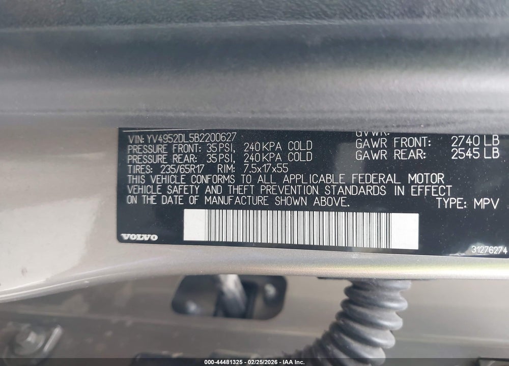 2011 VOLVO XC60 3.2 VIN: YV4952DL5B2200627