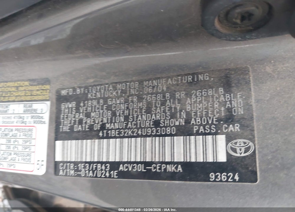 2004 TOYOTA CAMRY LE VIN: 4T1BE32K24U933080