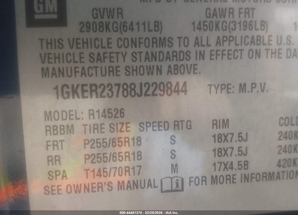 2008 GMC ACADIA SLT-1 VIN: 1GKER23788J229844