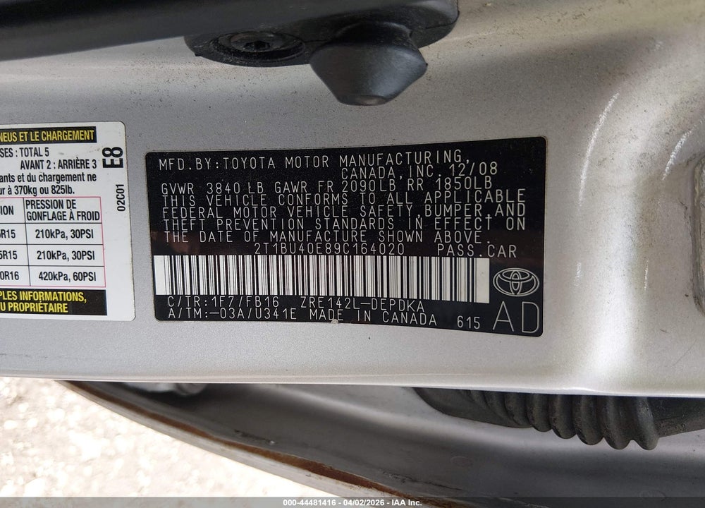 2009 TOYOTA COROLLA LE VIN: 2T1BU40E89C164020